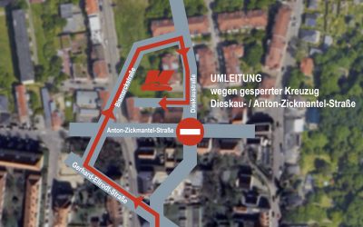Achtung! Umleitung wegen Vollsperrung der Kreuzung Dieskau- / Anton-Zickmantel-Straße